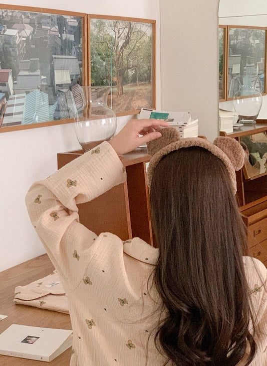 Mandy Bear Crinkled Cotton Pajamas - LS Collared