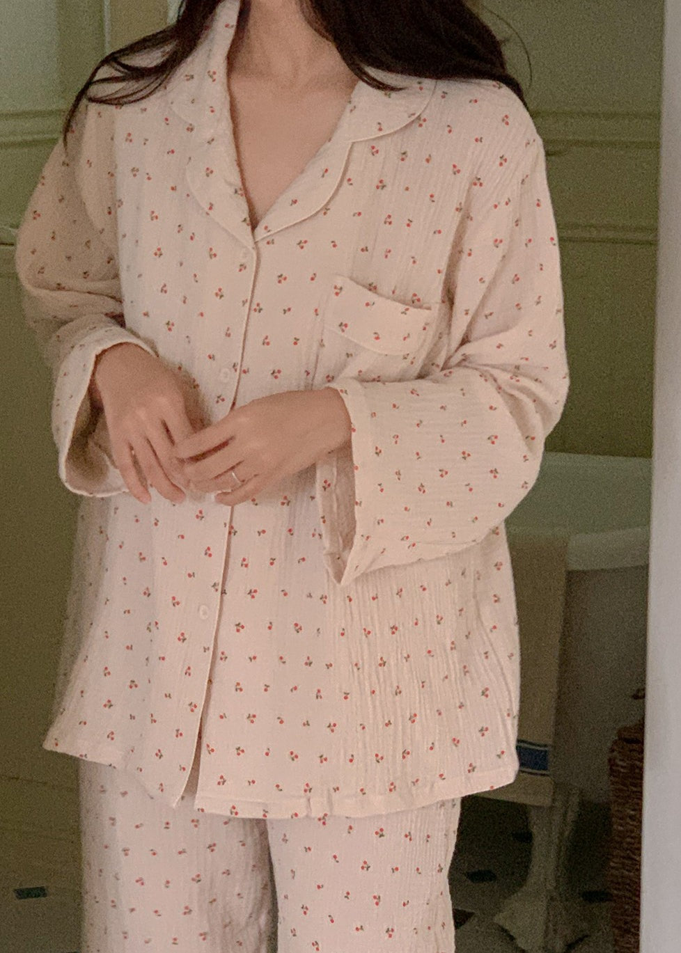 Cherry Crinkled Cotton Pajama Set