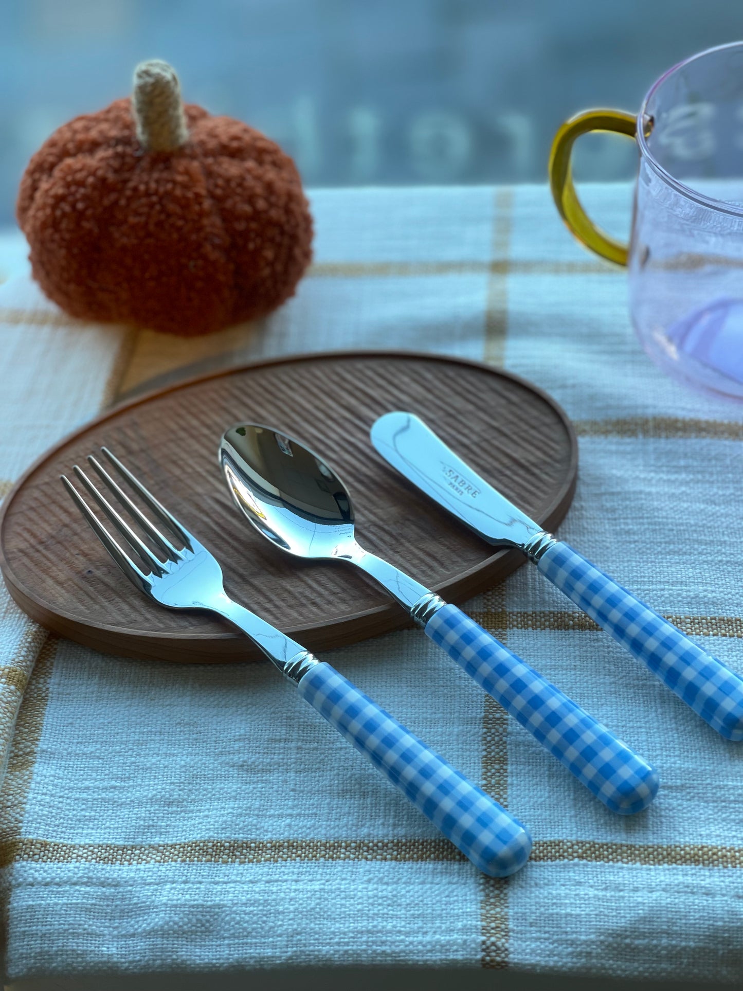 Sabre Printed Shiny Cutlery - Gingham Sky Blue
