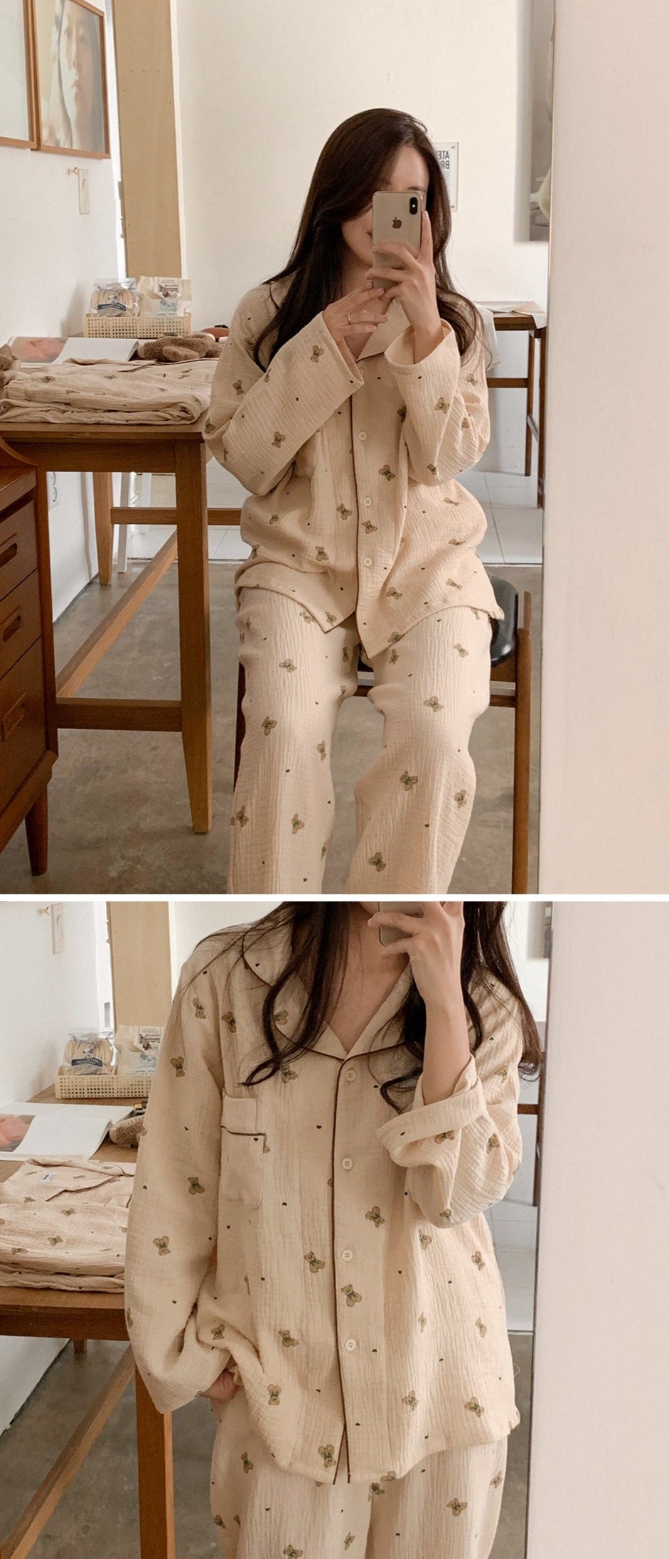 Mandy Bear Crinkled Cotton Pajamas collared