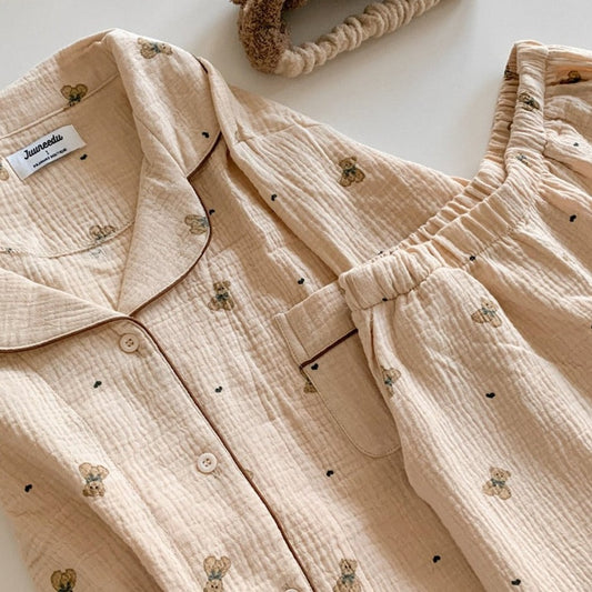 Mandy Bear Crinkled Cotton Pajamas - LS Collared