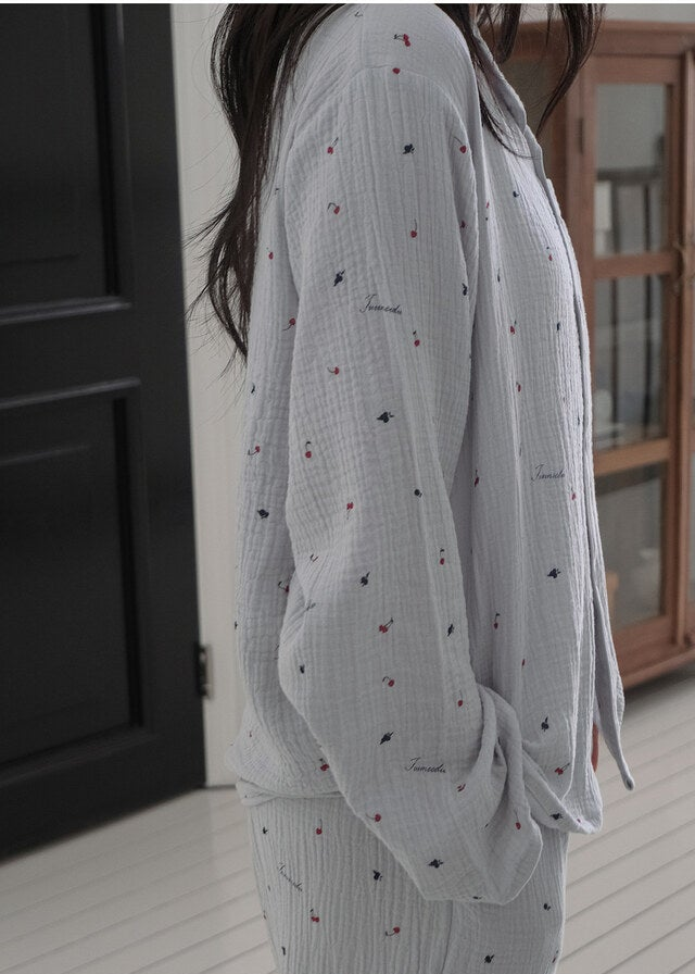 Renewed Cherry Crinkled Cotton LS Pajama Set