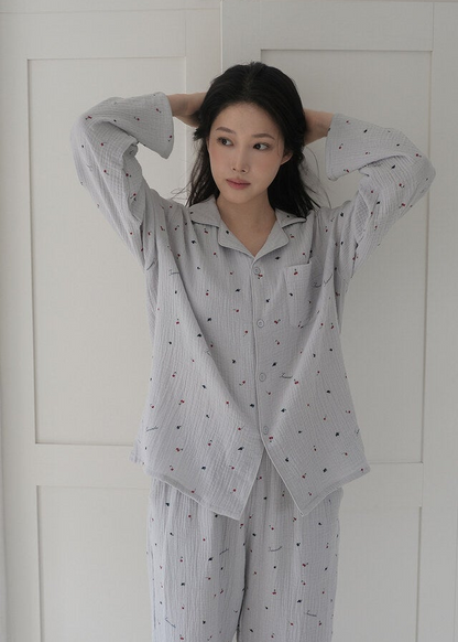 Renewed Cherry Crinkled Cotton LS Pajama Set
