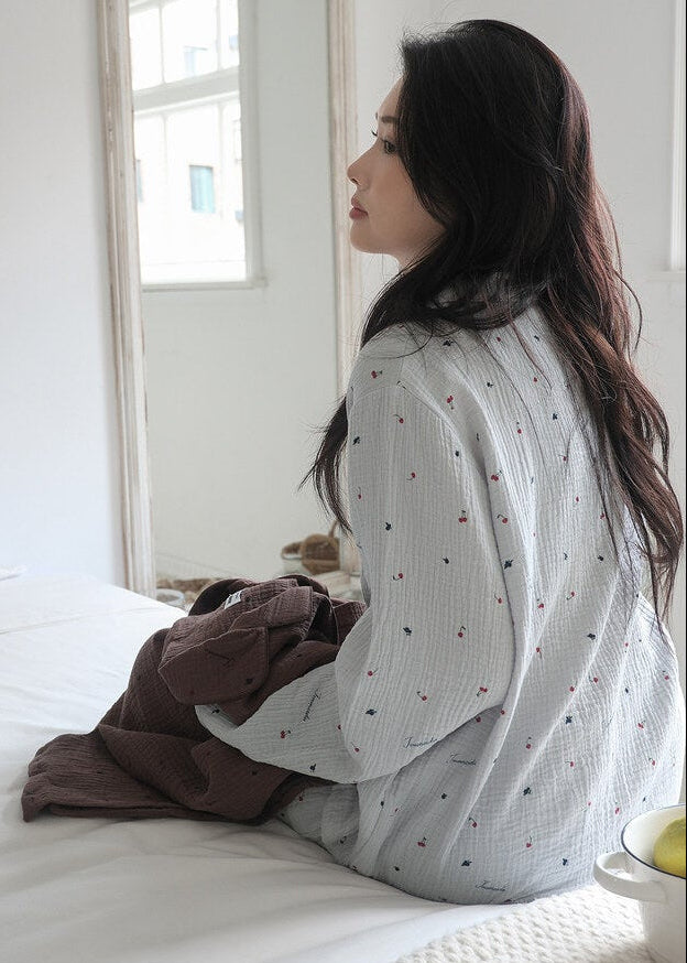 Renewed Cherry Crinkled Cotton LS Pajama Set
