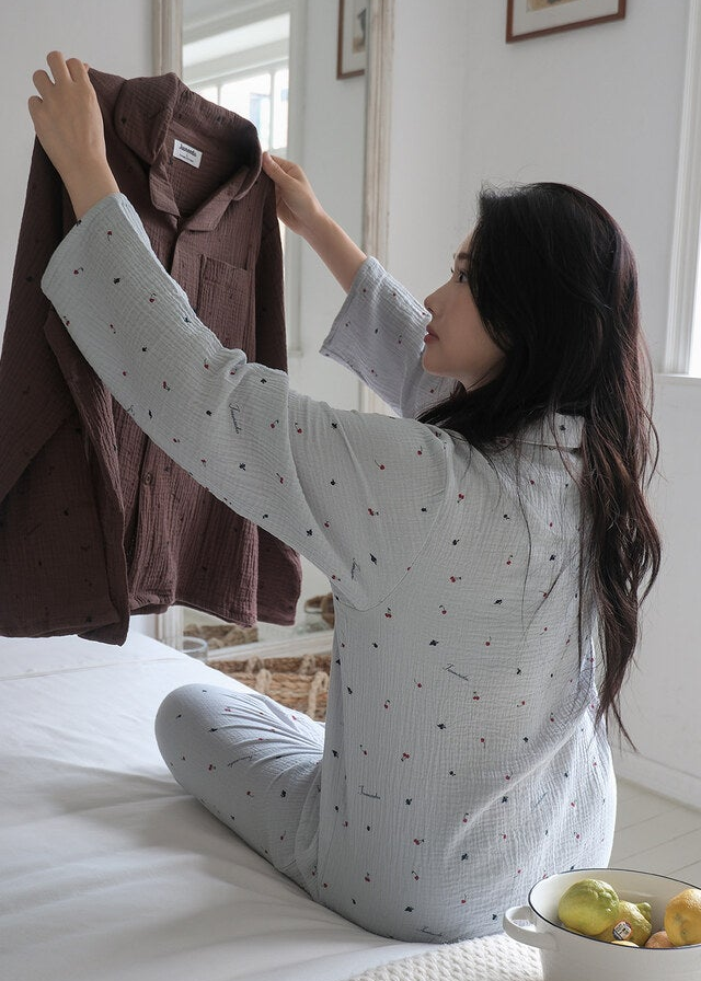Renewed Cherry Crinkled Cotton LS Pajama Set
