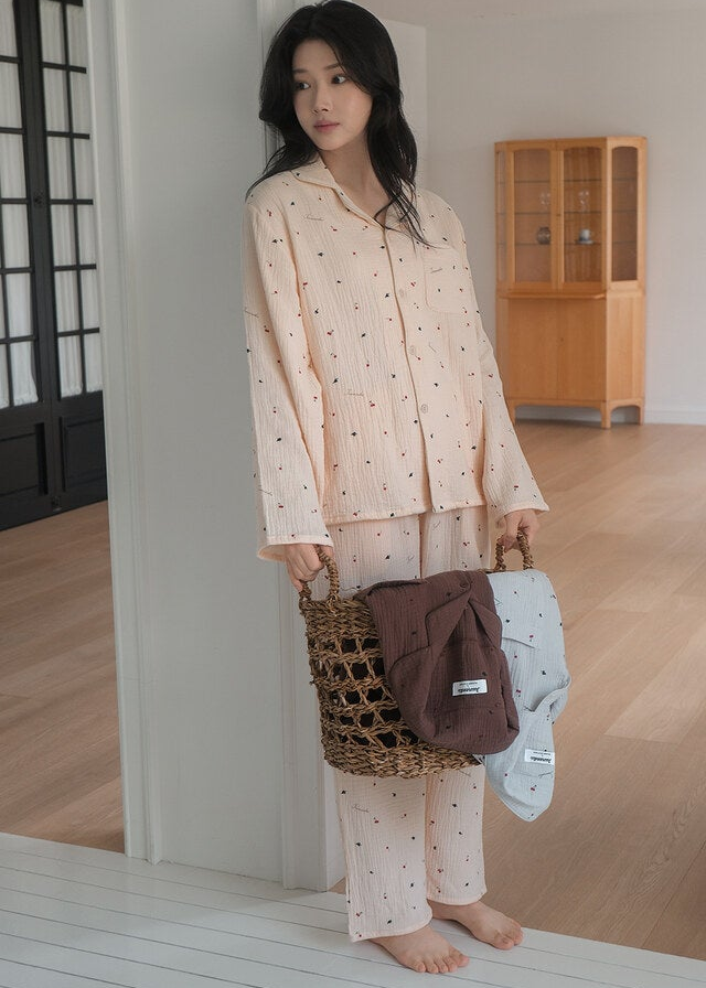 Renewed Cherry Crinkled Cotton LS Pajama Set