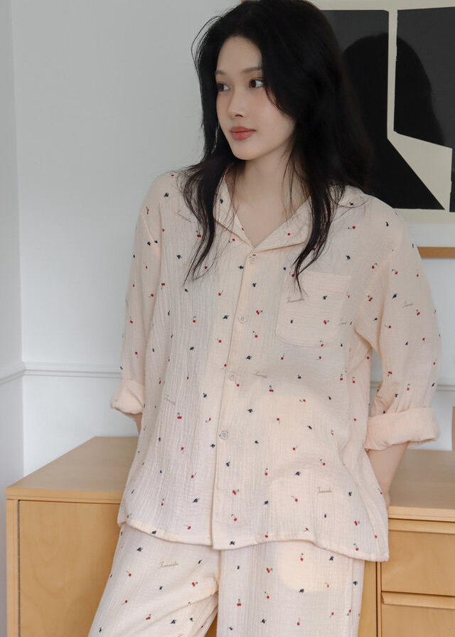 Renewed Cherry Crinkled Cotton LS Pajama Set