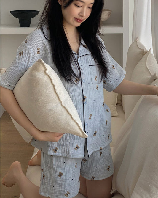 Mandy Bear Short Sleeve Pajamas - Collared