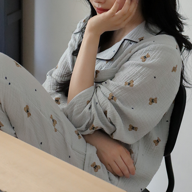 Mandy Bear Crinkled Cotton LS Pajamas