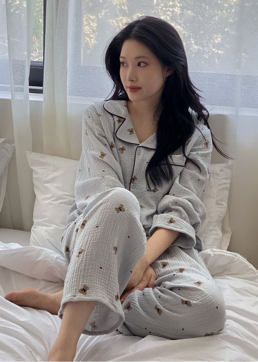 Mandy Bear Crinkled Cotton LS Pajamas