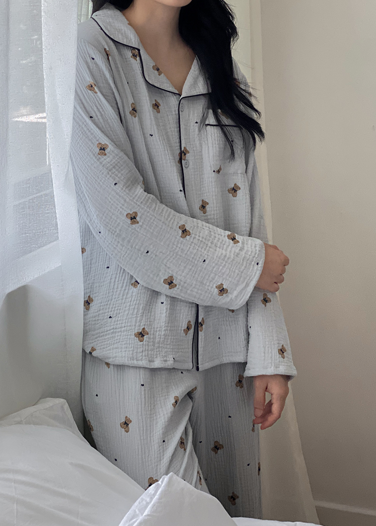 Mandy Bear Crinkled Cotton LS Pajamas