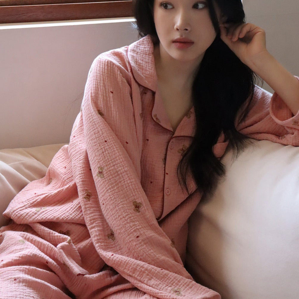 Mandy Bear Crinkled Cotton LS Pajamas