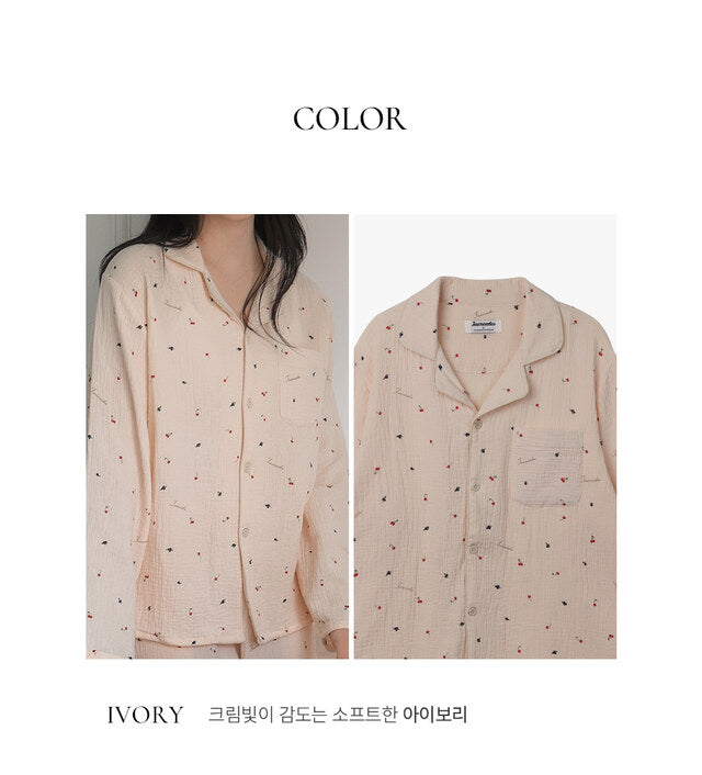 Renewed Cherry Crinkled Cotton LS Pajama Set