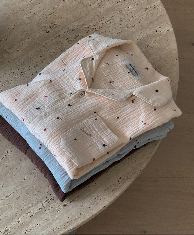 Renewed Cherry Crinkled Cotton LS Pajama Set