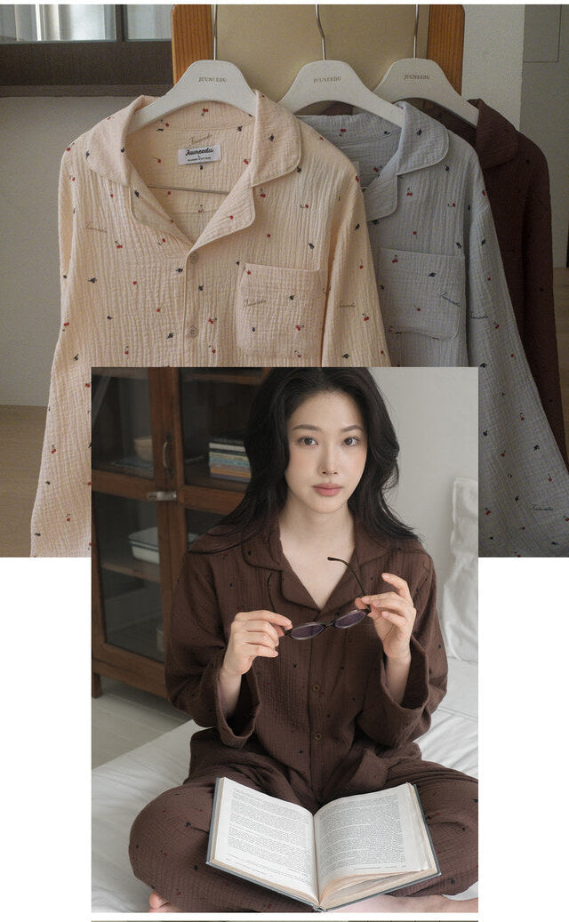 Renewed Cherry Crinkled Cotton LS Pajama Set