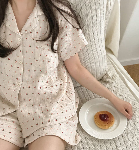 Cherry Crinkled Short Sleeve Pajamas