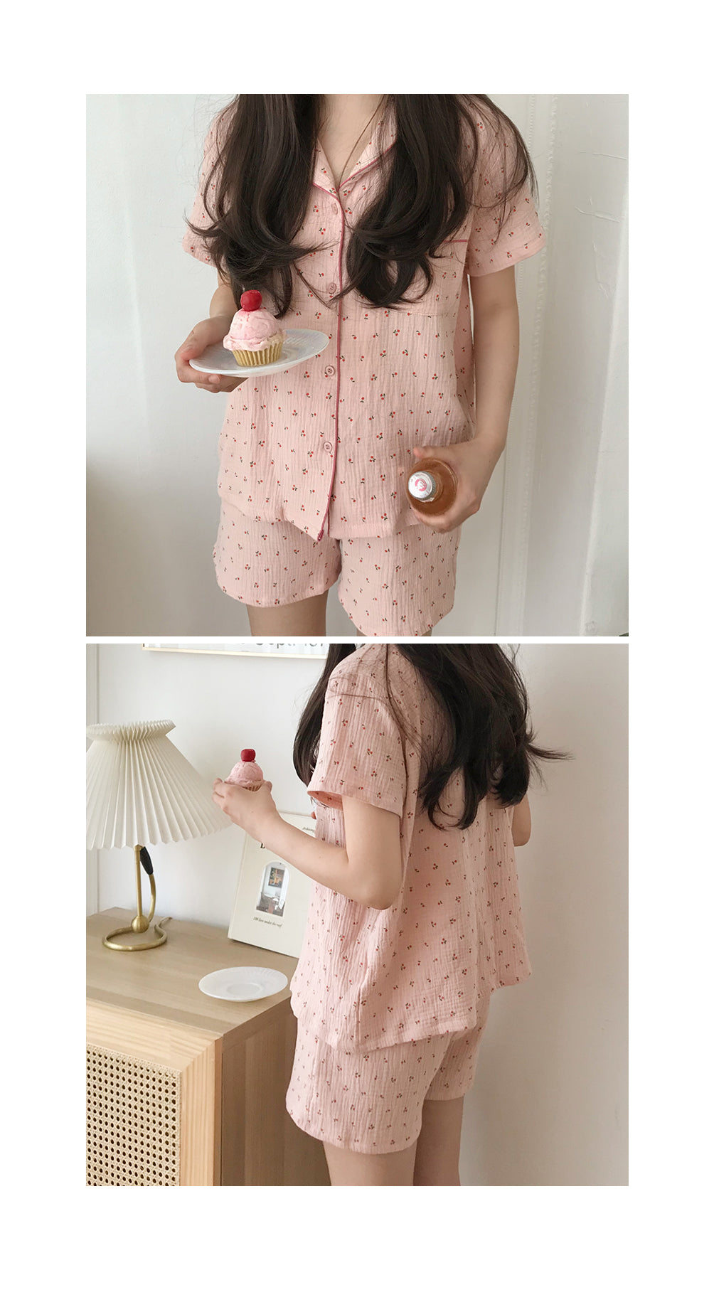 Cherry Crinkled Short Sleeve Pajamas