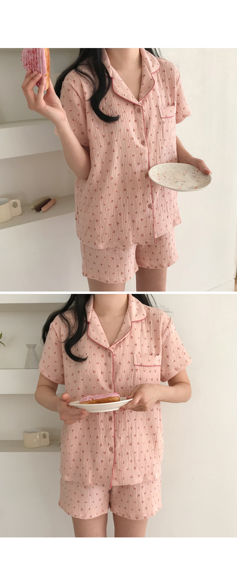 Cherry Crinkled Short Sleeve Pajamas