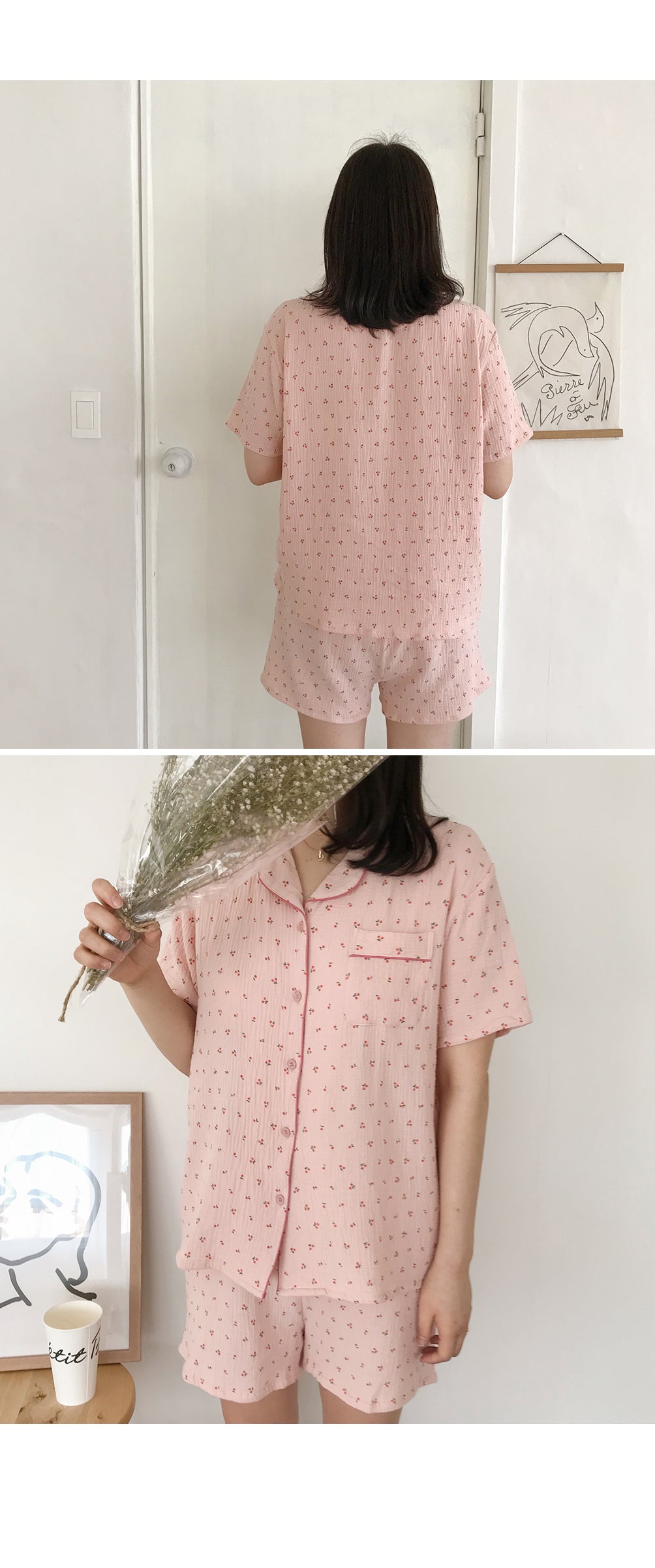 Cherry Crinkled Short Sleeve Pajamas